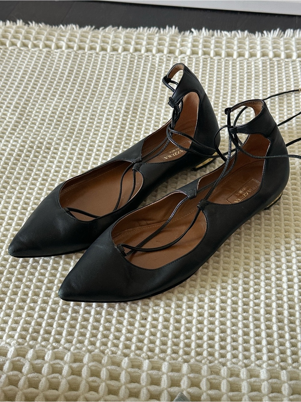 Aquazzura Christy Lace-Up Flats - Black Leather
